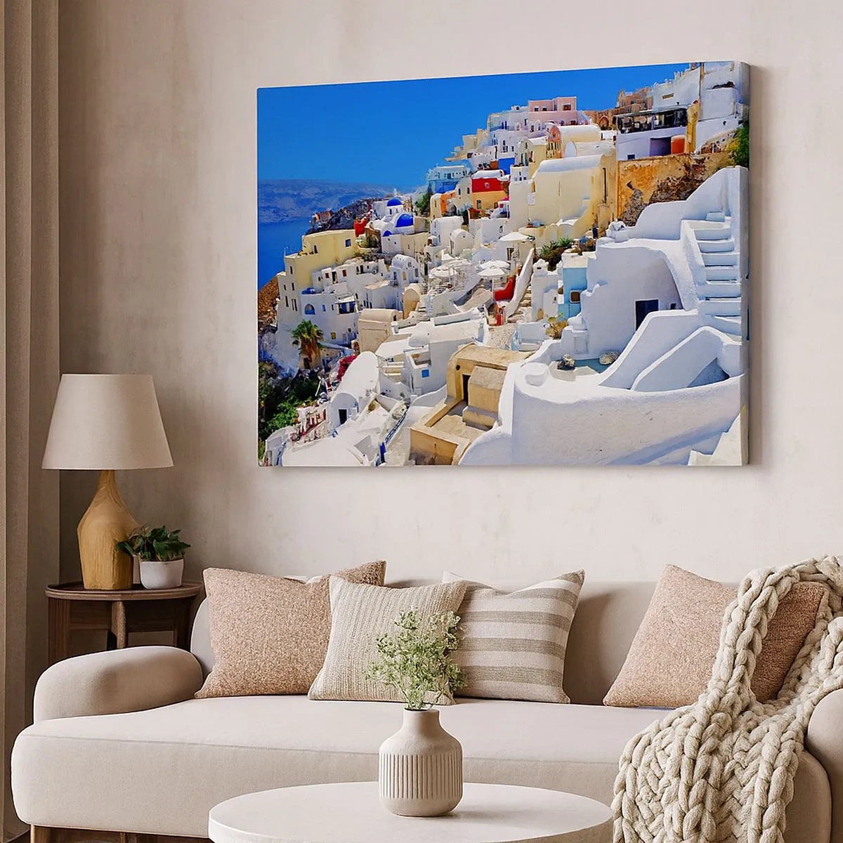 Bild auf Leinwand - Leinwandbild - Panorama von Santorini mit weißen Häusern und blauem Himmel - 70x50cm - Der Traum vom griechischen Sommer - Moderne Wanddekoration für Wohnzimmer und Schlafzimmer ARTTOR