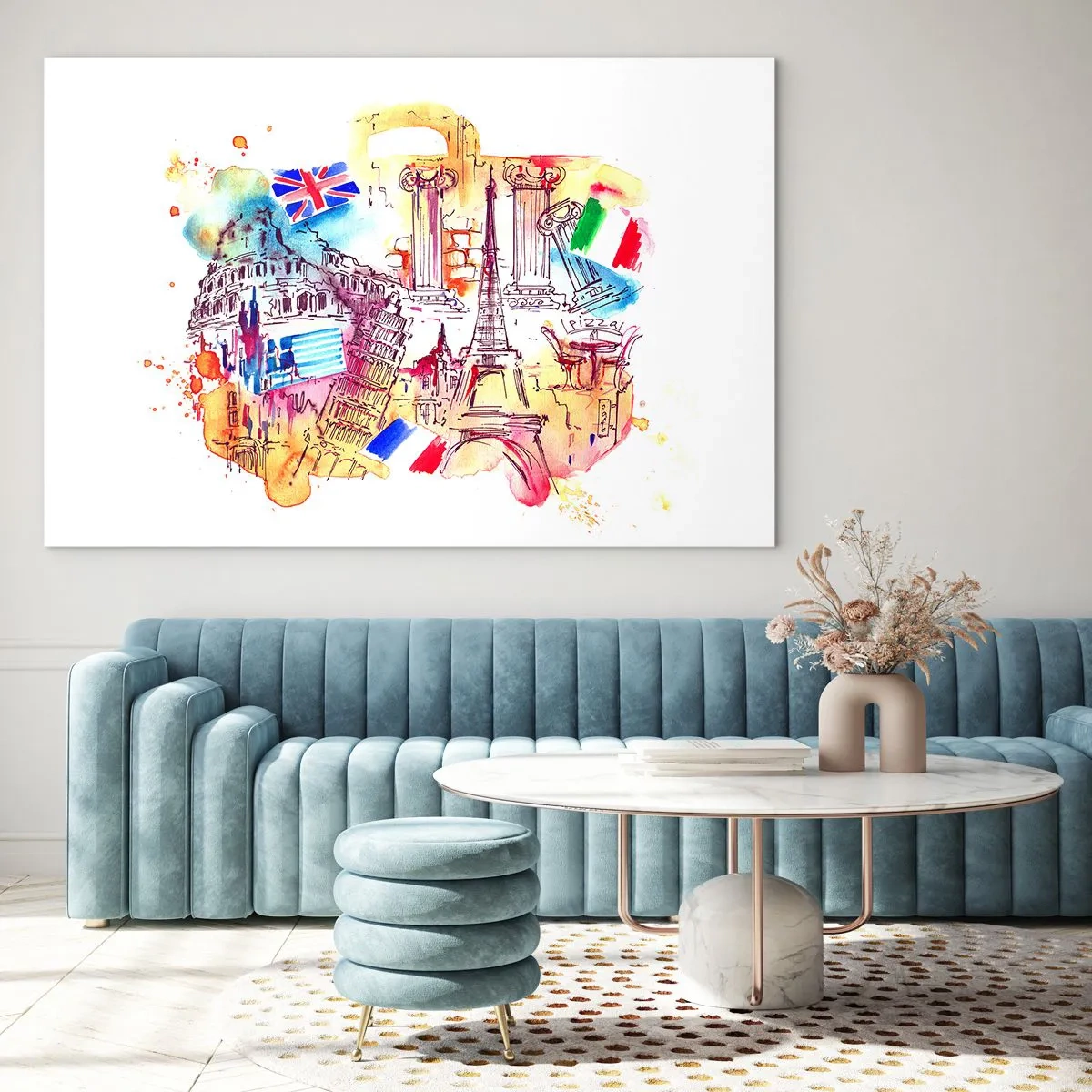 Glasbild - Bild auf glas - Aquarell europäischer Denkmäler mit Länderflaggen - 100x70cm - Europa Tour - Moderne Wanddekoration für Wohnzimmer und Schlafzimmer ARTTOR