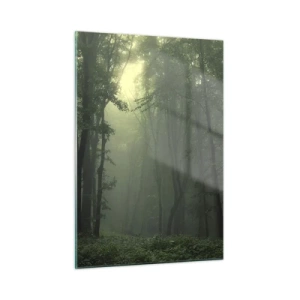 Glasbild - Bild auf glas - Ein dunkler Wald, in Nebel gehüllt, mit Lichtstrahlen - 50x70cm - Bevor er aufwacht - Moderne Wanddekoration für Wohnzimmer und Schlafzimmer ARTTOR