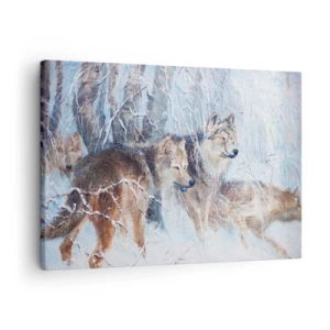 Bild auf Leinwand - Leinwandbild - Wölfe in einem Winterwald vor verschneiter Kulisse - 70x50cm - Beachtung! Hier kommt ... - Moderne Wanddekoration für Wohnzimmer und Schlafzimmer ARTTOR