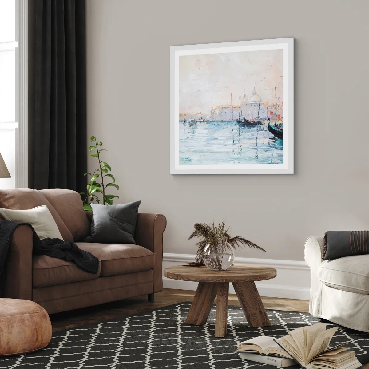 Poster in einem weißen Rahmen - Hinter dem Wasser, hinter dem Nebel - 40x40 cm