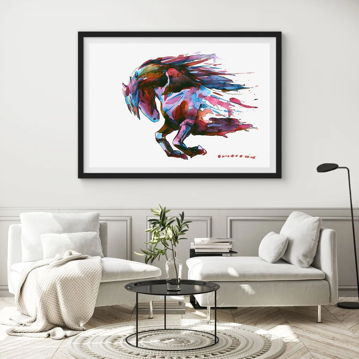Poster in einem schwarzem Rahmen - Ein Pferd in dynamischen abstrakten Farben symbolisiert Freiheit - 70x50cm - In Verzückung - Moderne Wanddekoration für Wohnzimmer und Schlafzimmer ARTTOR