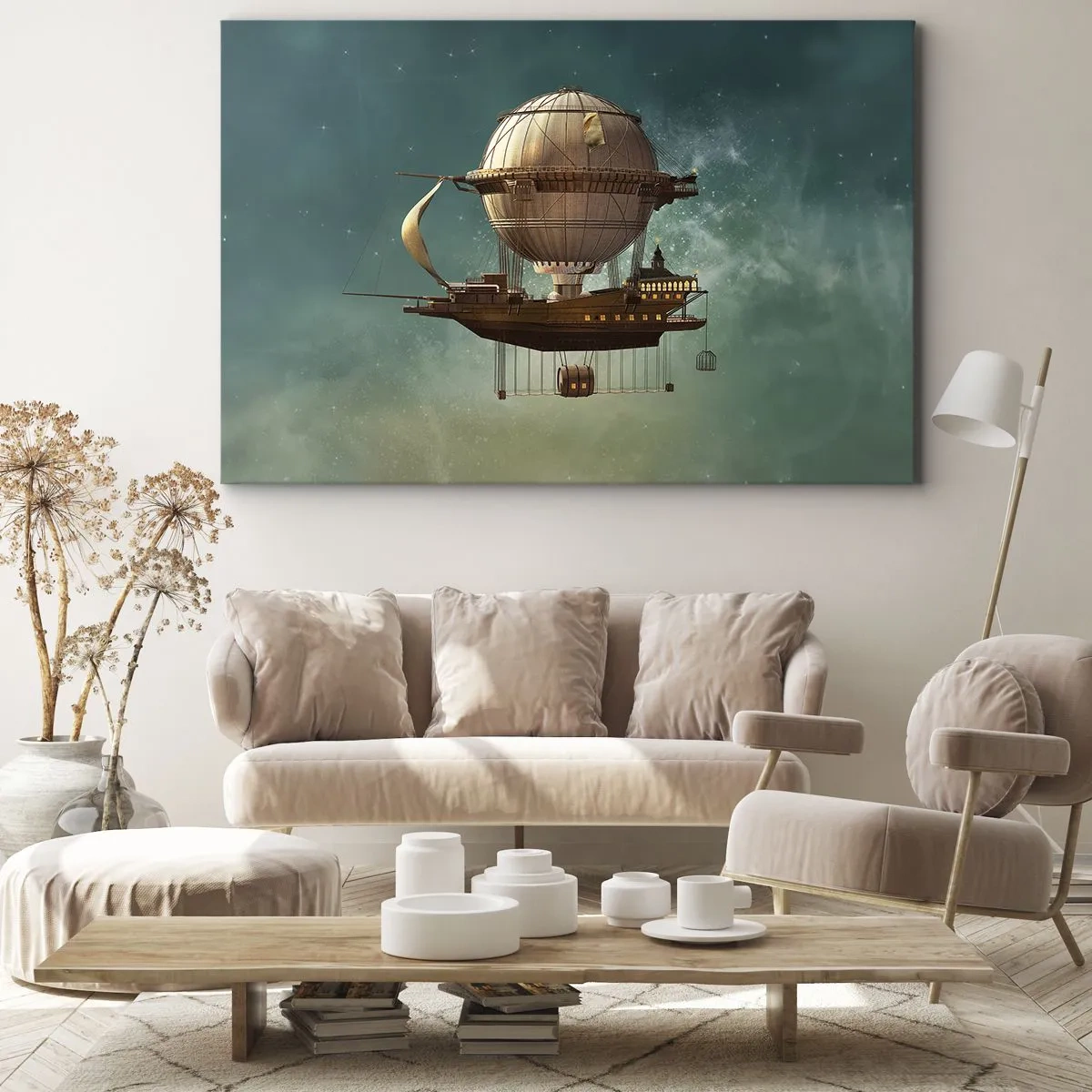 Bild auf Leinwand - Leinwandbild - Ein fantastisches Luftschiff vor dem grünlichen Himmel - 70x50cm - Jules Verne sagt Hallo - Moderne Wanddekoration für Wohnzimmer und Schlafzimmer ARTTOR