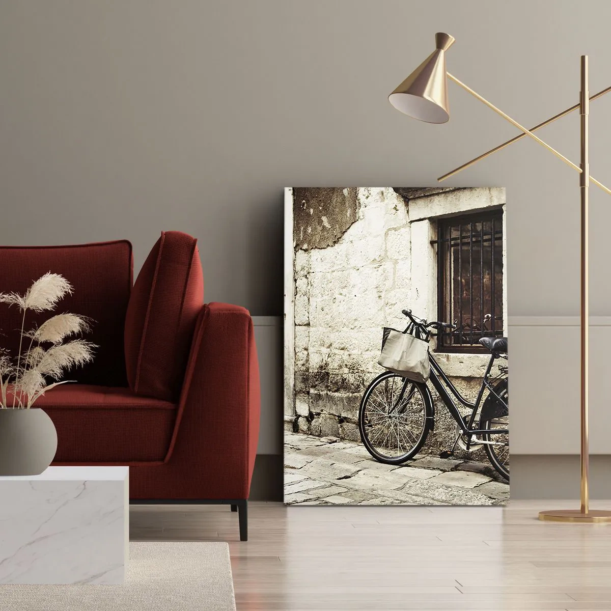 Bild auf Leinwand - Leinwandbild - Ein Fahrrad vor einer Steinmauer mit Fenster und Tür im Retro-Stil - 70x100cm - Zurück in die Vergangenheit - Moderne Wanddekoration für Wohnzimmer und Schlafzimmer ARTTOR