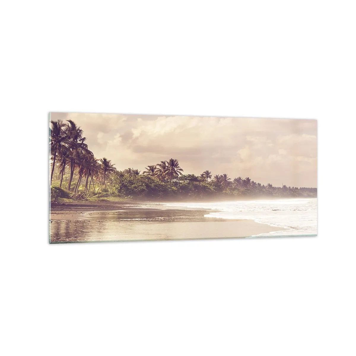 Glasbild - Bild auf glas - Ein Strand mit Palmen und sanften Wellen am Morgen - 120x50cm - Die Liebkosung der Wellen - Moderne Wanddekoration für Wohnzimmer und Schlafzimmer ARTTOR