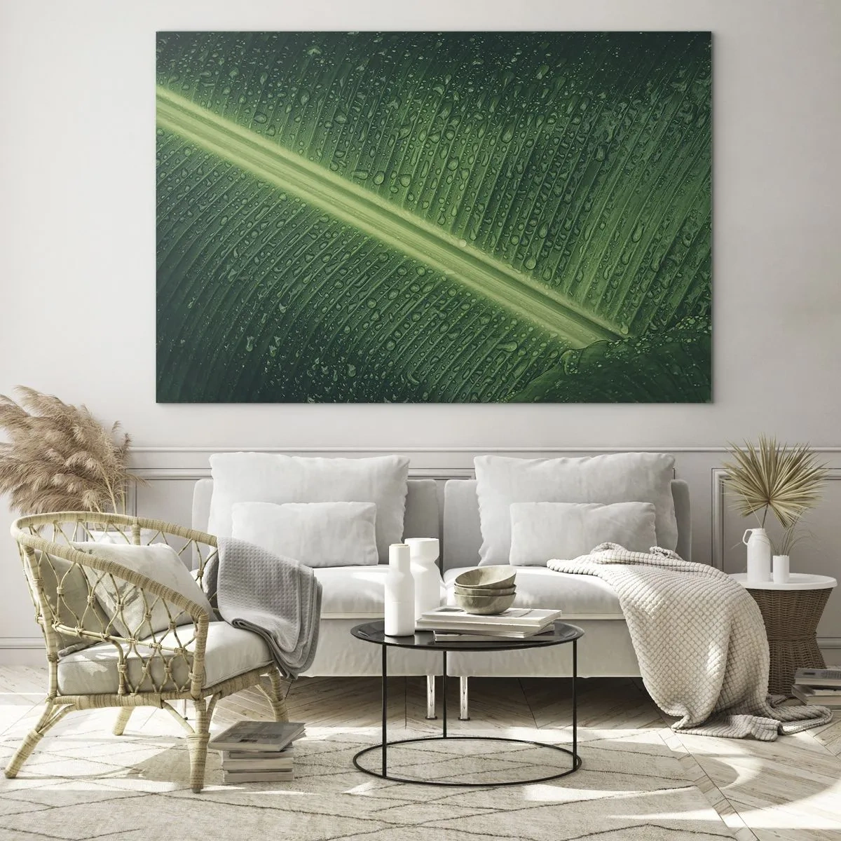 Glasbild - Bild auf glas - Nahaufnahme eines grünen Blattes mit Wassertropfen - 100x70cm - Die Struktur des Grüns - Moderne Wanddekoration für Wohnzimmer und Schlafzimmer ARTTOR