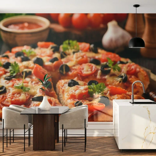 Maßgeschneiderte Fototapete Standard Eco - Du bist schon wieder davongekommen - Gastronomie, Pizza, Tomate