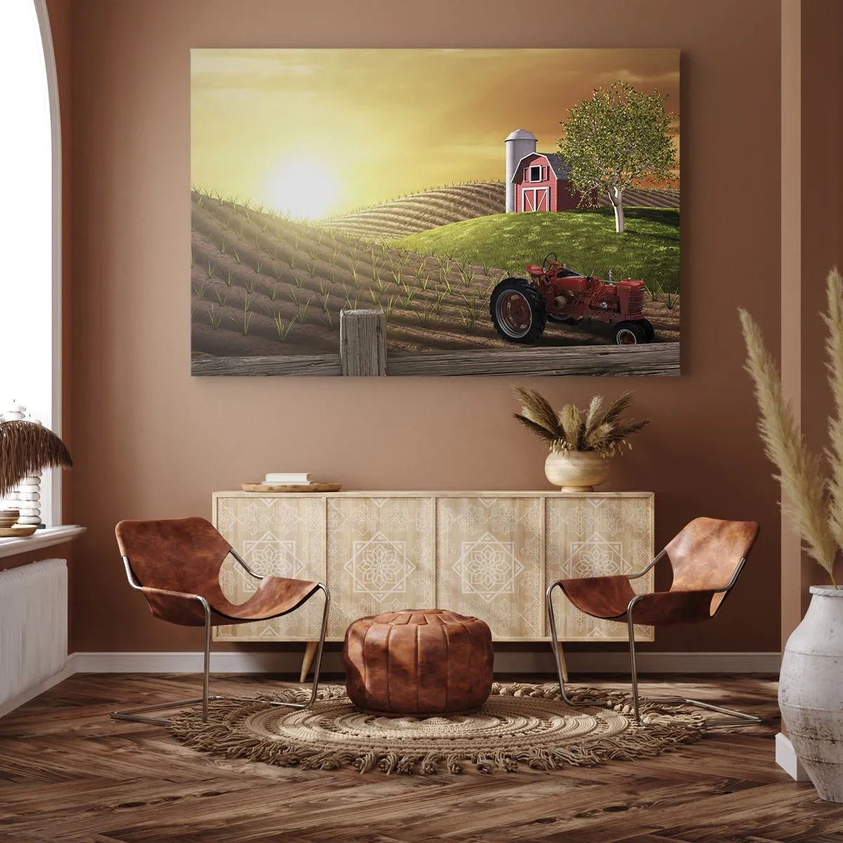Bild auf Leinwand - Leinwandbild - Ländliche Landschaft mit einer roten Scheune, Traktor und Sonnenaufgang - 100x70cm - Ein Bauernhof wie aus einem Märchen - Moderne Wanddekoration für Wohnzimmer und Schlafzimmer ARTTOR