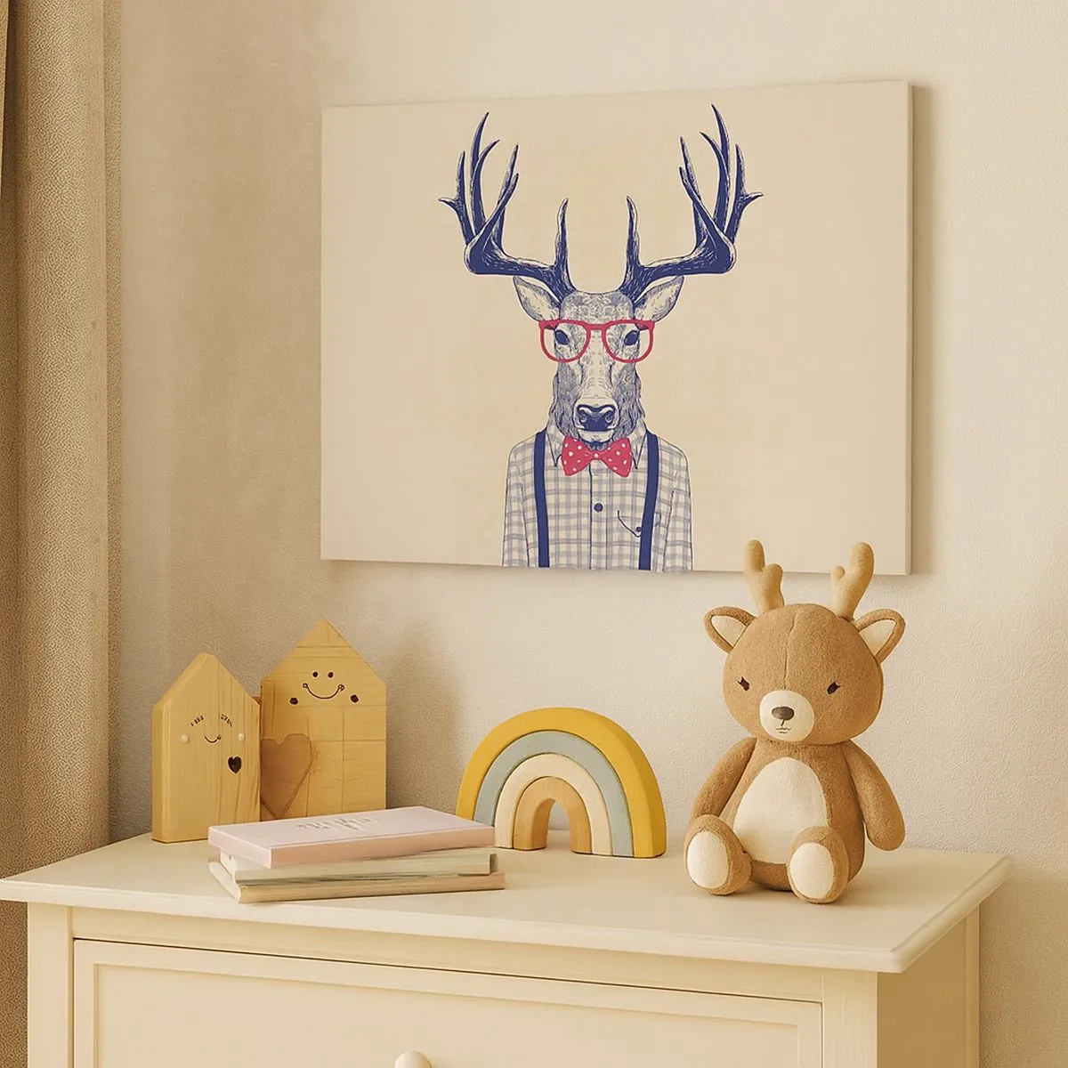 Bild auf Leinwand - Leinwandbild - Stilisierte Grafik eines Hirsches mit Brille und Fliege - 70x50cm - Eine lustige Extravaganz - Moderne Wanddekoration für Wohnzimmer und Schlafzimmer ARTTOR