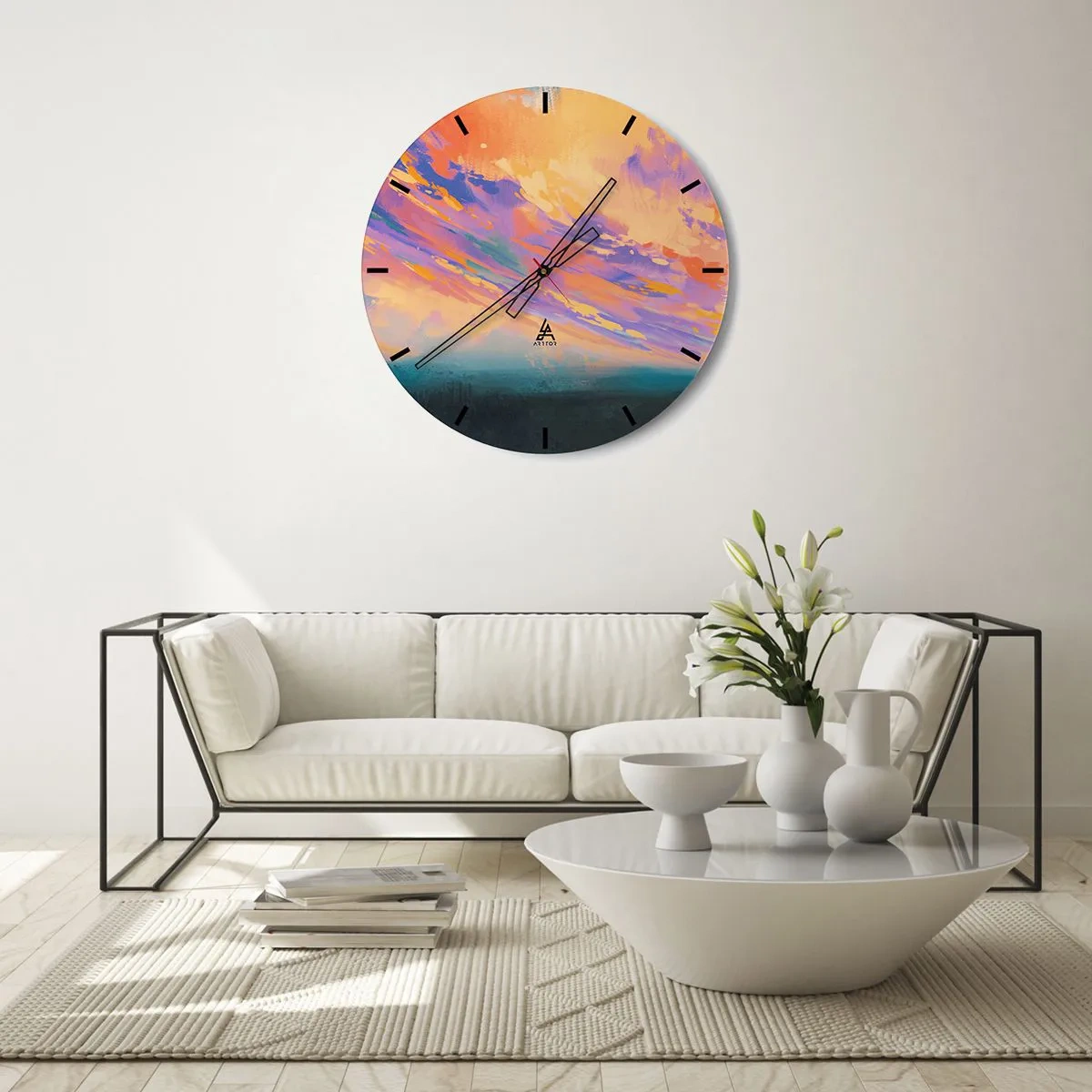 Wanduhr - Glasuhr - Abstrakter Sonnenuntergang in Pastellfarben - 30x30cm - Die Anziehungskraft - Moderne Wanddekoration für Wohnzimmer, Küche und Schlafzimmer ARTTOR