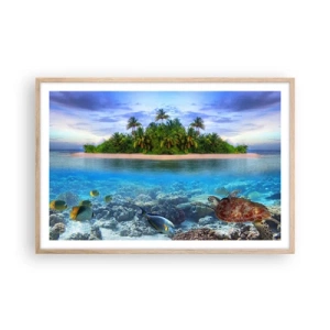 Poster in einem Rahmen aus heller Eiche - Heavenly Island lädt dich ein - 91x61 cm