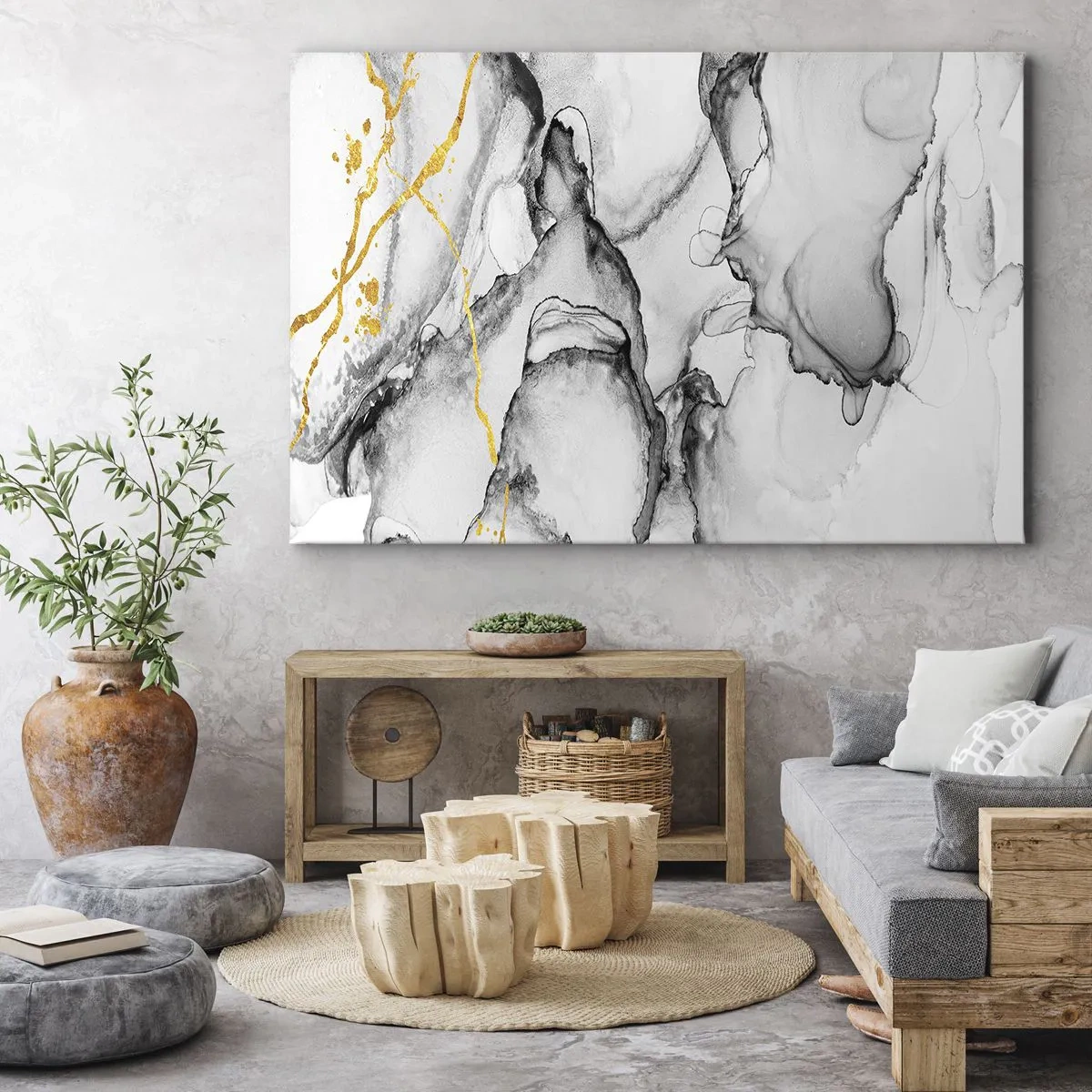 Bild auf Leinwand - Leinwandbild - Abstrakte schwarz-weiße Muster mit goldenen Akzenten - 70x50cm - Komposition mit Goldmotiv - Moderne Wanddekoration für Wohnzimmer und Schlafzimmer ARTTOR