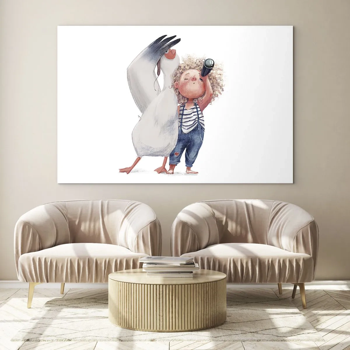 Glasbild - Bild auf glas - Baby mit Fernglas und Storch im lustigen Illustrationsstil - 70x50cm - Toller Reiseplan - Moderne Wanddekoration für Wohnzimmer und Schlafzimmer ARTTOR