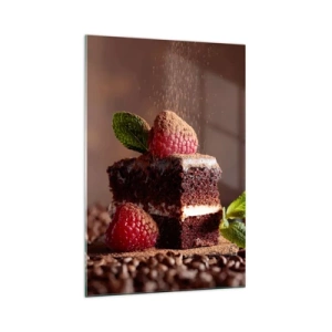 Glasbild - Bild auf glas - Schokoladenkuchen mit Himbeeren und Minze auf einem Hintergrund aus Kakaobohnen - 70x100cm - Das Leben ist süß - Moderne Wanddekoration für Wohnzimmer und Schlafzimmer ARTTOR