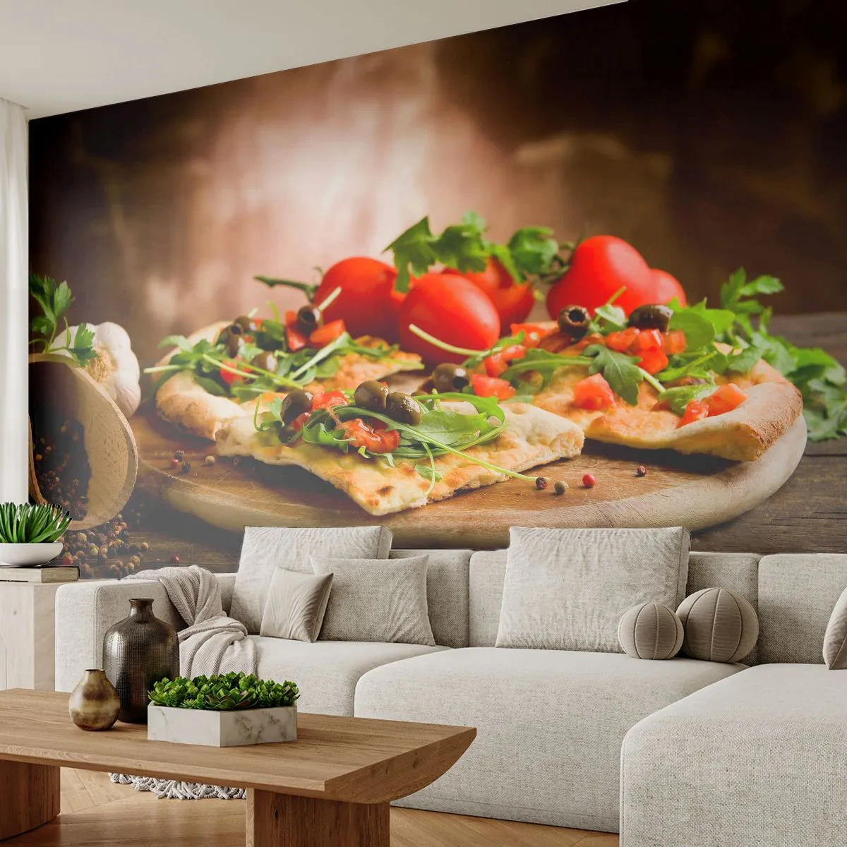Fototapete Standard Eco - Direkt vom Herd und aus dem Garten - Gastronomie, Pizza, Italien - 400x280 cm