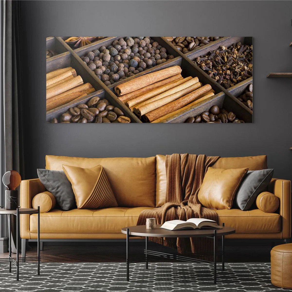 Glasbild - Bild auf glas - Gewürze und Kaffee in Holzfächern - 120x50cm - Eine Fundgrube an Aromen - Moderne Wanddekoration für Wohnzimmer und Schlafzimmer ARTTOR