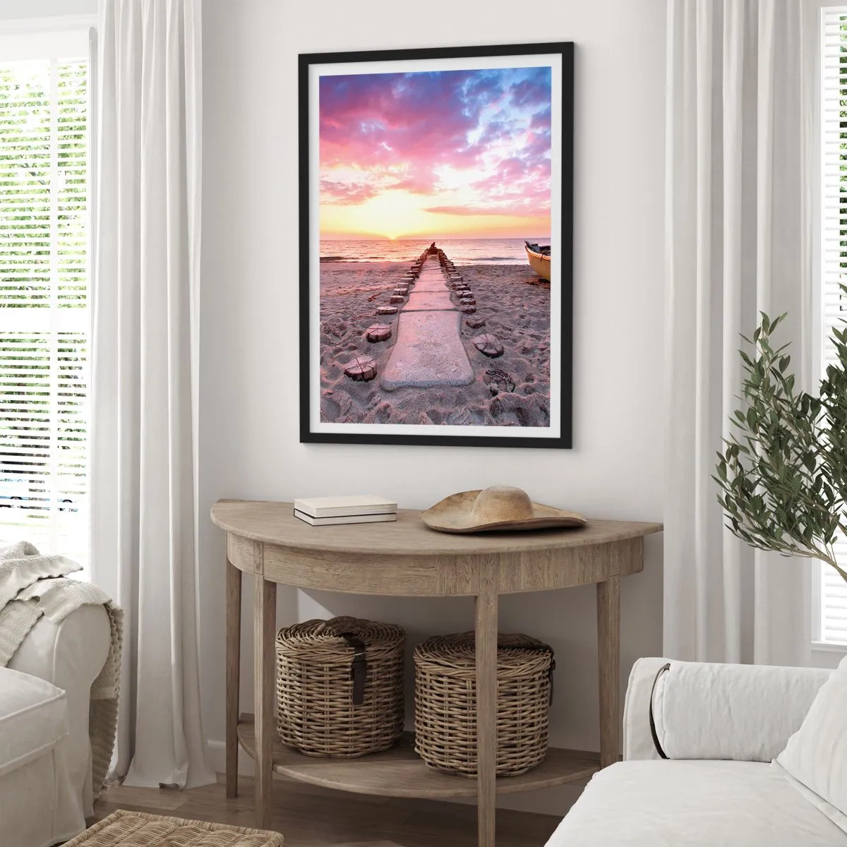 Poster in einem schwarzem Rahmen - Strandweg bei Sonnenuntergang - 50x70cm - Ein Moment tiefer Erfahrung - Moderne Wanddekoration für Wohnzimmer und Schlafzimmer ARTTOR