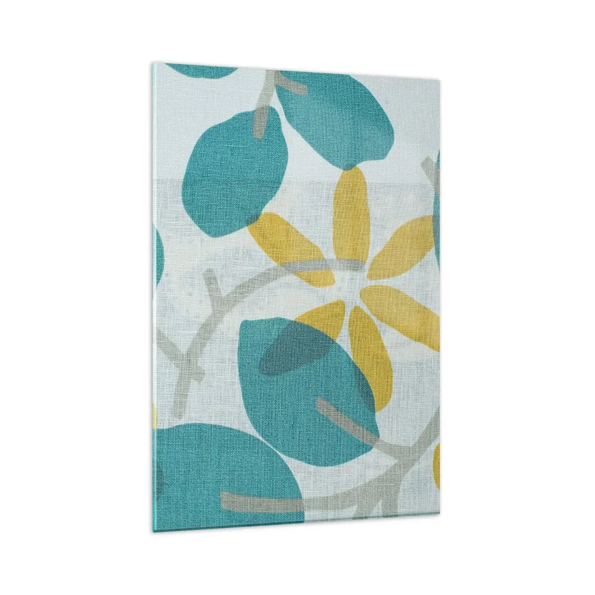 Glasbild - Bild auf glas - Blätter in Türkis- und Gelbtönen auf hellem Hintergrund - 80x120cm - Unter den azurblauen Blättern - Moderne Wanddekoration für Wohnzimmer und Schlafzimmer ARTTOR