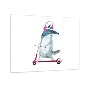 Glasbild - Bild auf glas - Dachs mit Kopfhörern auf einem Aquarell-Roller - 70x50cm - Dachsfreude - Moderne Wanddekoration für Wohnzimmer und Schlafzimmer ARTTOR