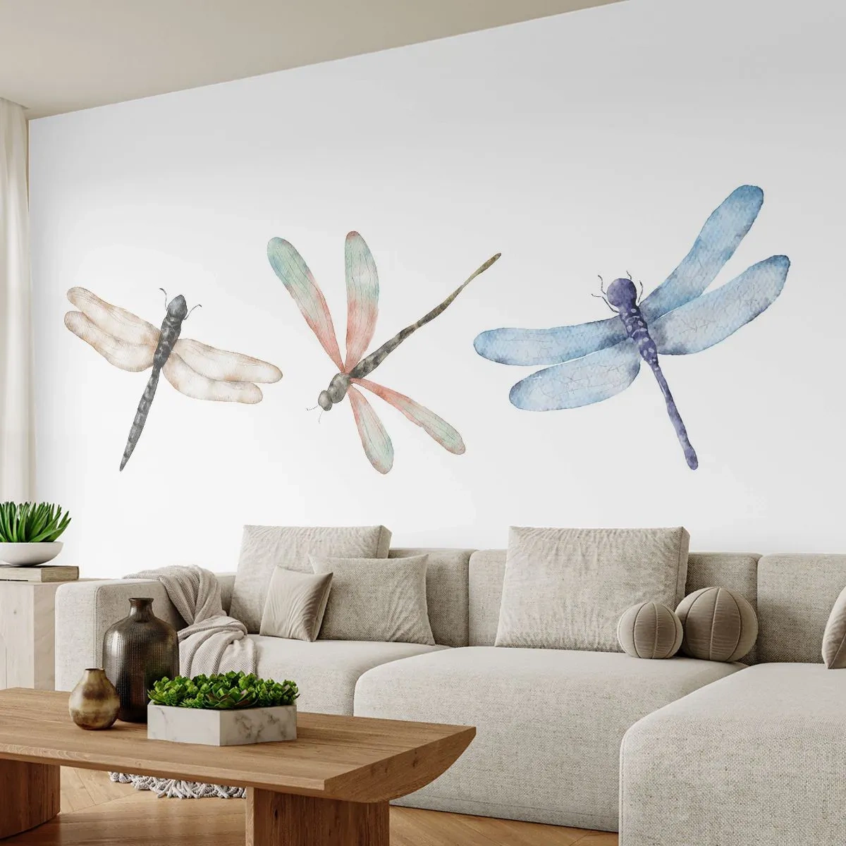 Fototapete Standard Eco - Drei Libellen in Pastellfarben auf weißem Hintergrund - 100x70cm - Schwerelose Libellen - Moderne Wanddekoration für Wohnzimmer und Schlafzimmer ARTTOR