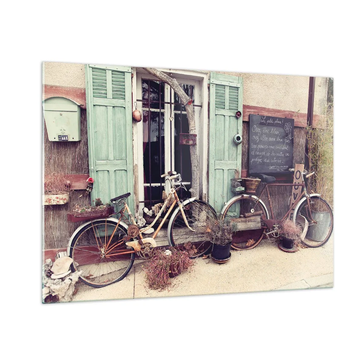 Glasbild - Bild auf glas - Provinzielle Landschaft mit Fahrrädern - 100x70cm - Es lebe die Provinz - Moderne Wanddekoration für Wohnzimmer und Schlafzimmer ARTTOR
