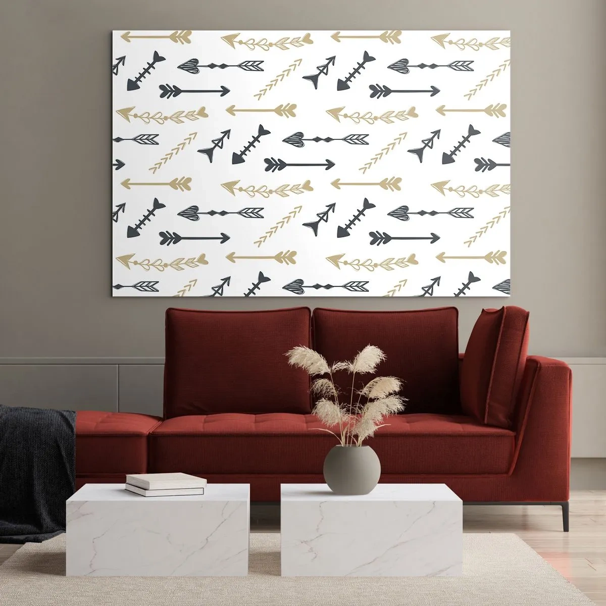 Glasbild - Bild auf glas - Ein Muster aus Pfeilen in verschiedenen Farben auf weißem Hintergrund - 70x50cm - Der Traum des Bogenschützen - Moderne Wanddekoration für Wohnzimmer und Schlafzimmer ARTTOR