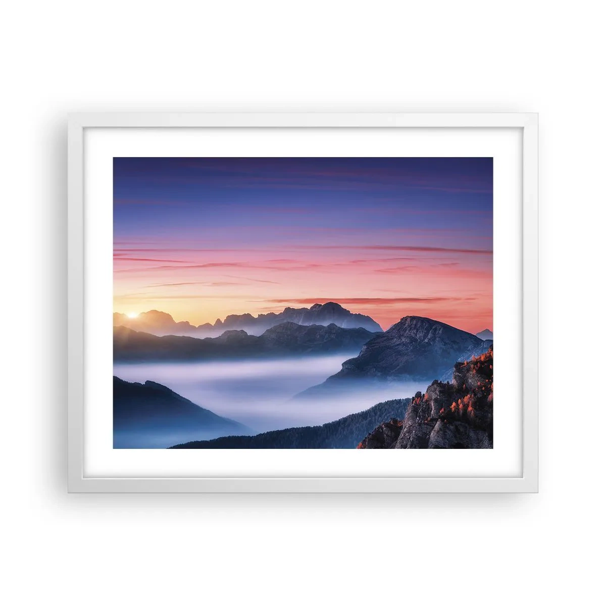 Poster in einem weißen Rahmen - Über die Täler - 50x40 cm