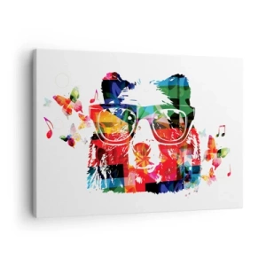 Bild auf Leinwand - Leinwandbild - Bunter Bär mit Brille mit Schmetterlingen und Musiknoten - 70x50cm - Ich mag! - Moderne Wanddekoration für Wohnzimmer und Schlafzimmer ARTTOR