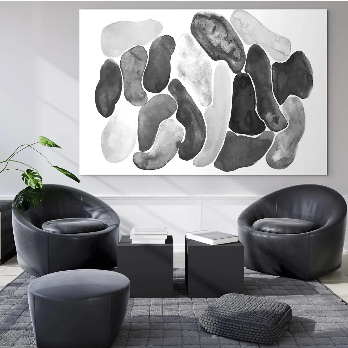 Glasbild - Bild auf glas - Eine schwarz-weiße Komposition aus abstrakten Formen, die Steinen ähneln. - 70x50cm - Felsige Abstraktion - Moderne Wanddekoration für Wohnzimmer und Schlafzimmer ARTTOR