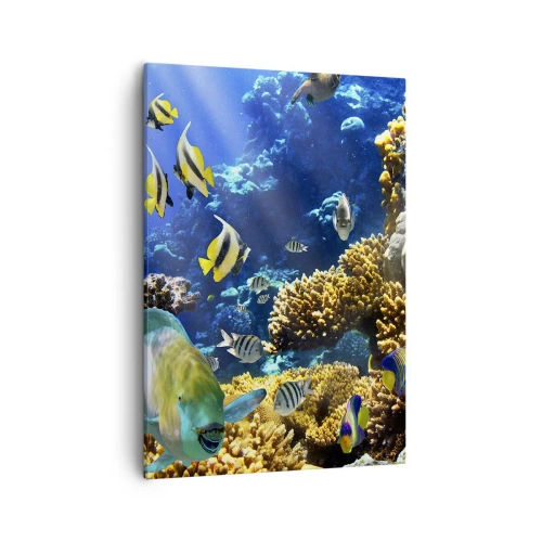 Bild auf Leinwand - Leinwandbild - Ein farbenfrohes Korallenriff mit tropischen Fischen in den Tiefen des Ozeans. - 50x70cm - Viel Verkehr auf dem Ferienweg - Moderne Wanddekoration für Wohnzimmer und Schlafzimmer ARTTOR