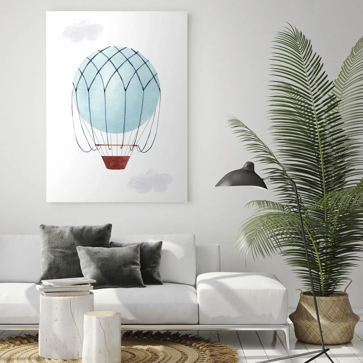 Glasbild - Bild auf glas - Ein handbemalter Ballon vor dem Hintergrund zarter Wolken. - 70x100cm - Ganz in den Wolken - Moderne Wanddekoration für Wohnzimmer und Schlafzimmer ARTTOR