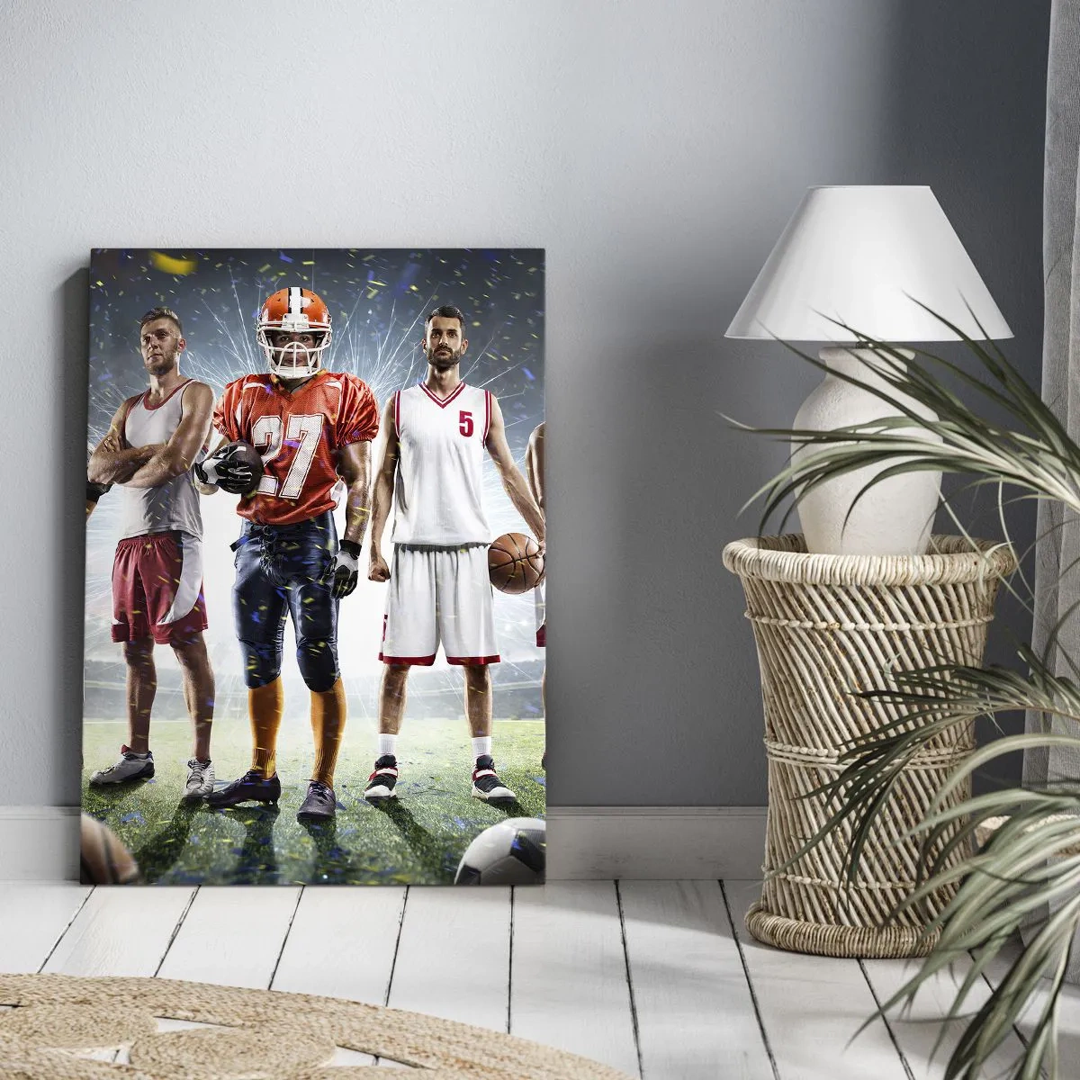 Bild auf Leinwand - Leinwandbild - Eine dynamische Szene von Athleten verschiedener Disziplinen im Stadion unter dem Scheinwerferlicht - 70x100cm - Feldgladiatoren - Moderne Wanddekoration für Wohnzimmer und Schlafzimmer ARTTOR