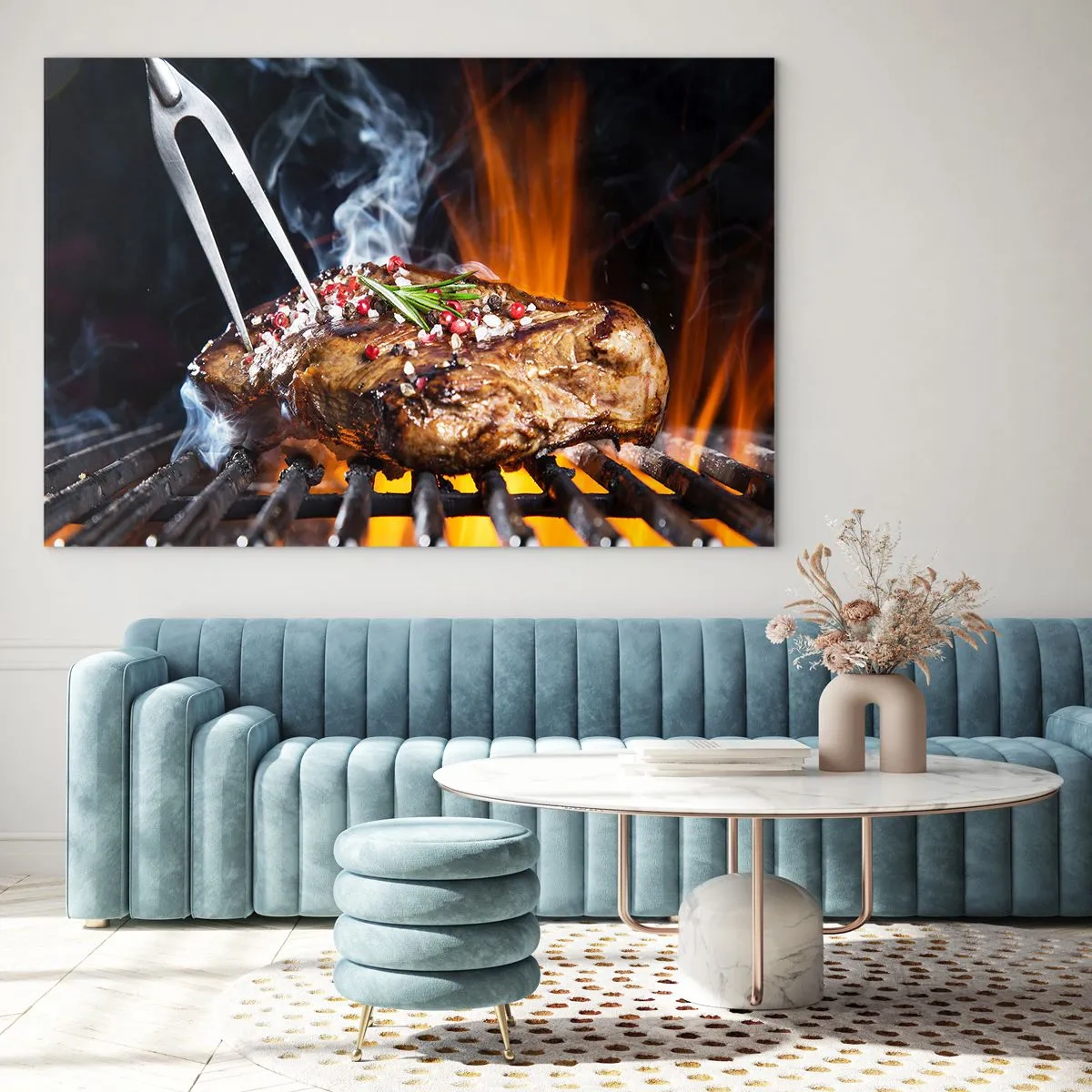 Glasbild - Bild auf glas - Gegrilltes Steak mit Gewürzen auf dem Grill - 120x80cm - Saftig und duftend - Moderne Wanddekoration für Wohnzimmer und Schlafzimmer ARTTOR