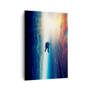 Bild auf Leinwand - Leinwandbild - Ein Astronaut schwebt im Weltraum über einer bunten Erde - 70x100cm - Sich dem Universum stellen - Moderne Wanddekoration für Wohnzimmer und Schlafzimmer ARTTOR