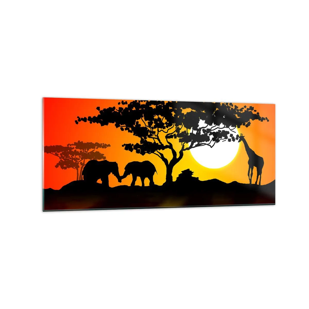 Glasbild - Bild auf glas - Afrikanischer Sonnenuntergang mit Silhouetten von Elefanten und Giraffen über dem Wasser - 120x50cm - Treffen in der Savanne - Moderne Wanddekoration für Wohnzimmer und Schlafzimmer ARTTOR