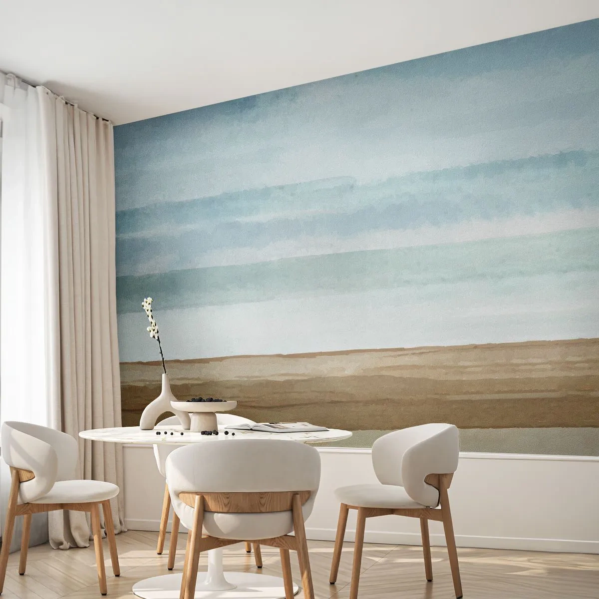 Fototapete Premium Sand - Aquarelllandschaft mit Meer und Strand in Pastelltönen - 100x70cm - Trost - Moderne Wanddekoration für Wohnzimmer und Schlafzimmer ARTTOR