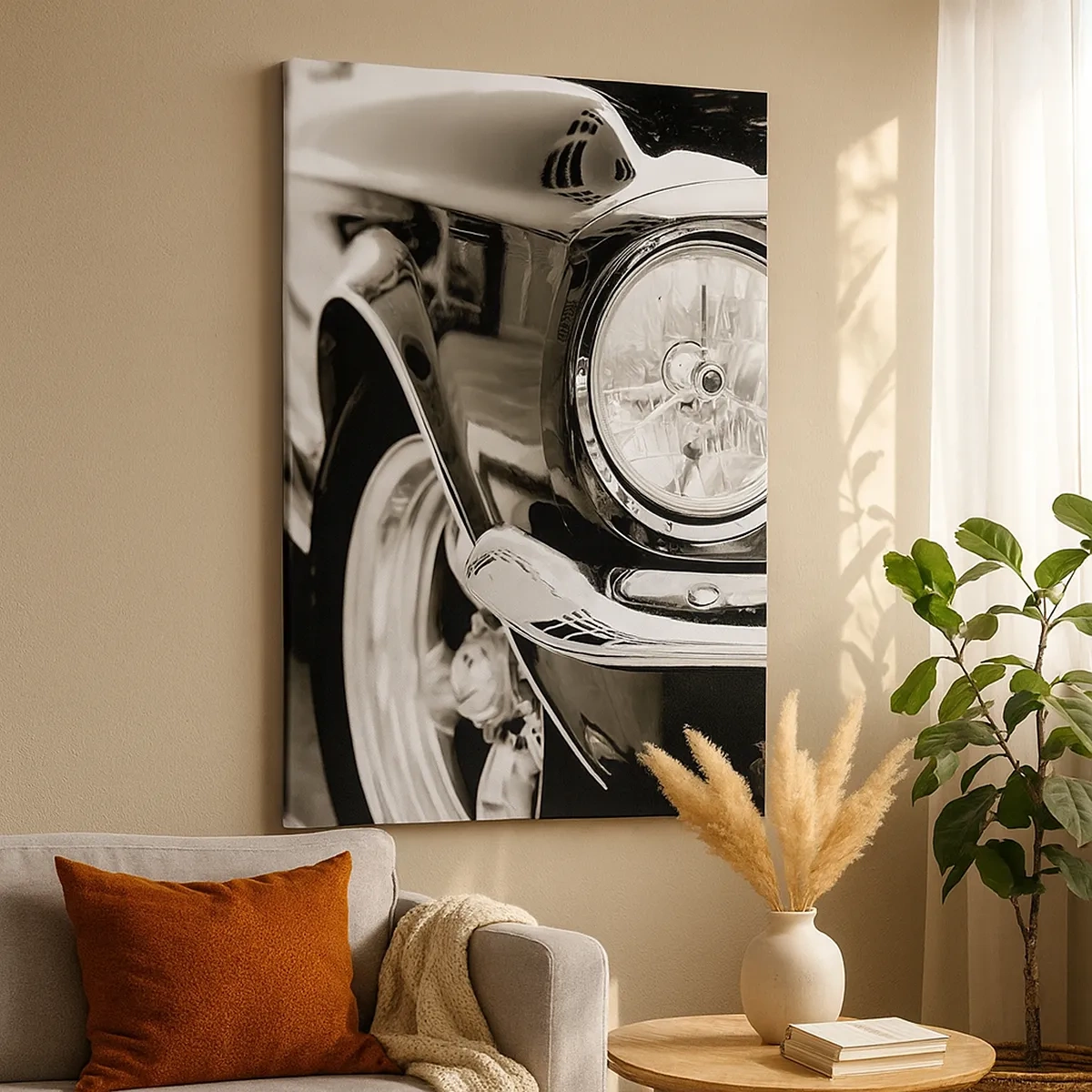 Bild auf Leinwand - Leinwandbild - Ein kultiger Oldtimer in elegantem Schwarz-Weiß - 50x70cm - Dauerhafter Glanz - Moderne Wanddekoration für Wohnzimmer und Schlafzimmer ARTTOR