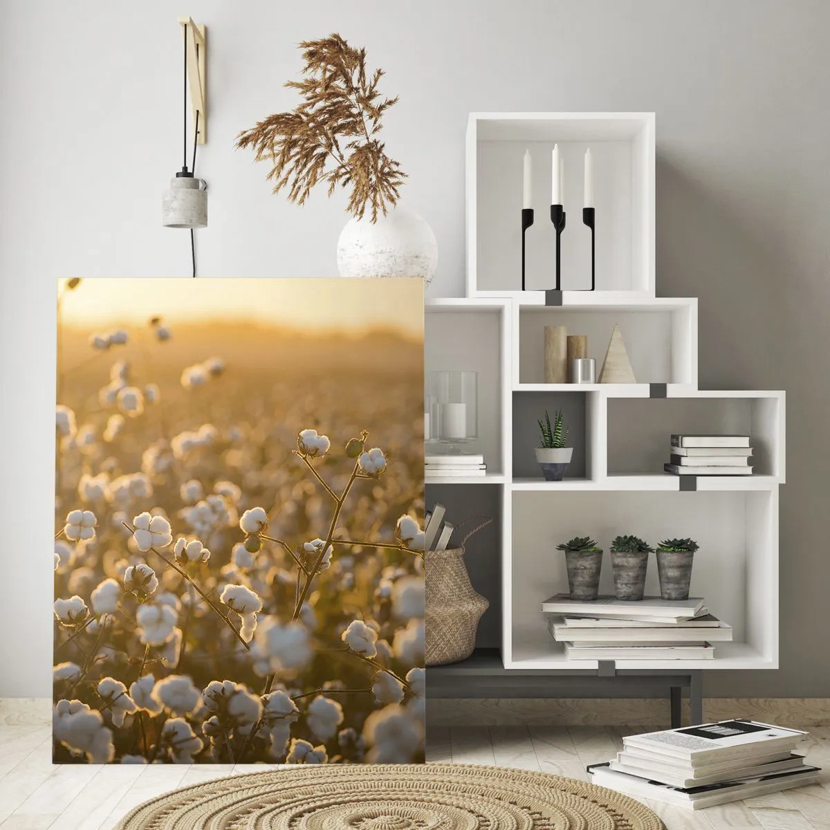 Glasbild - Bild auf glas - Ein Baumwollfeld im warmen Licht der untergehenden Sonne - 80x120cm - Fluffiges Feld - Moderne Wanddekoration für Wohnzimmer und Schlafzimmer ARTTOR