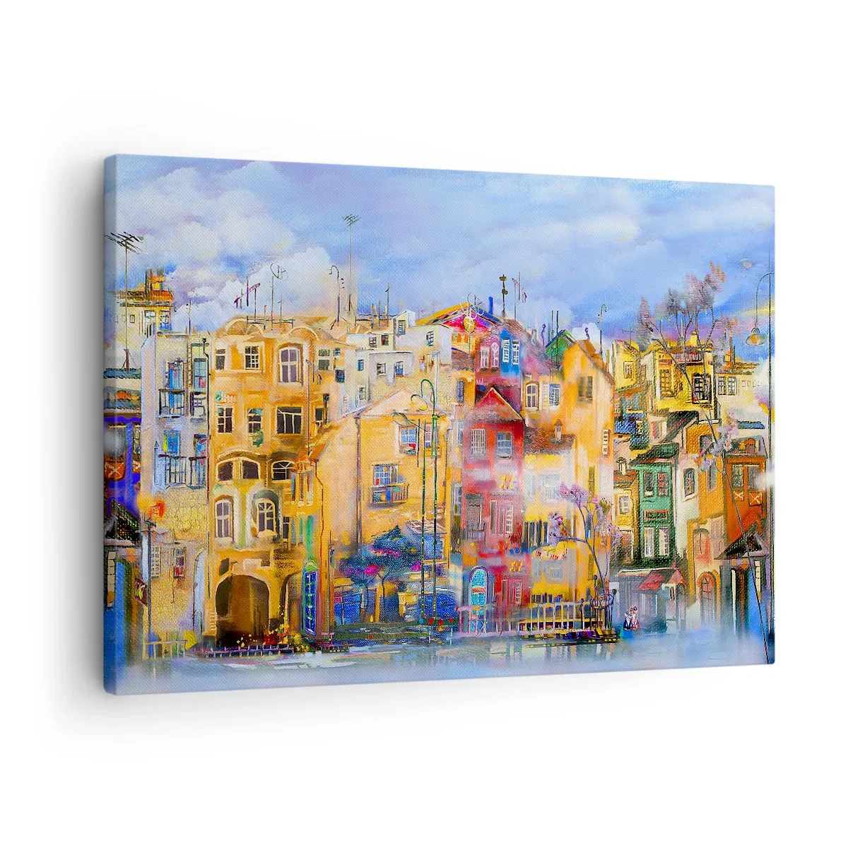 Bild auf Leinwand - Leinwandbild - Farbenfrohe Stadtgebäude im künstlerischen Stil - 70x50cm - Wir sind zusammen - Moderne Wanddekoration für Wohnzimmer und Schlafzimmer ARTTOR