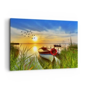 Bild auf Leinwand - Leinwandbild - Ein Boot am Ufer eines Sees bei Sonnenuntergang - 120x80cm - Die Kormorane fliegen schon weg - Moderne Wanddekoration für Wohnzimmer und Schlafzimmer ARTTOR