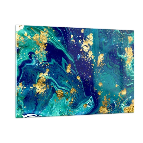 Glasbild - Bild auf glas - Ein abstraktes Muster in Türkis- und Marineblautönen mit goldenen Akzenten - 120x80cm - Die Blütenblätter der Sonne - Moderne Wanddekoration für Wohnzimmer und Schlafzimmer ARTTOR