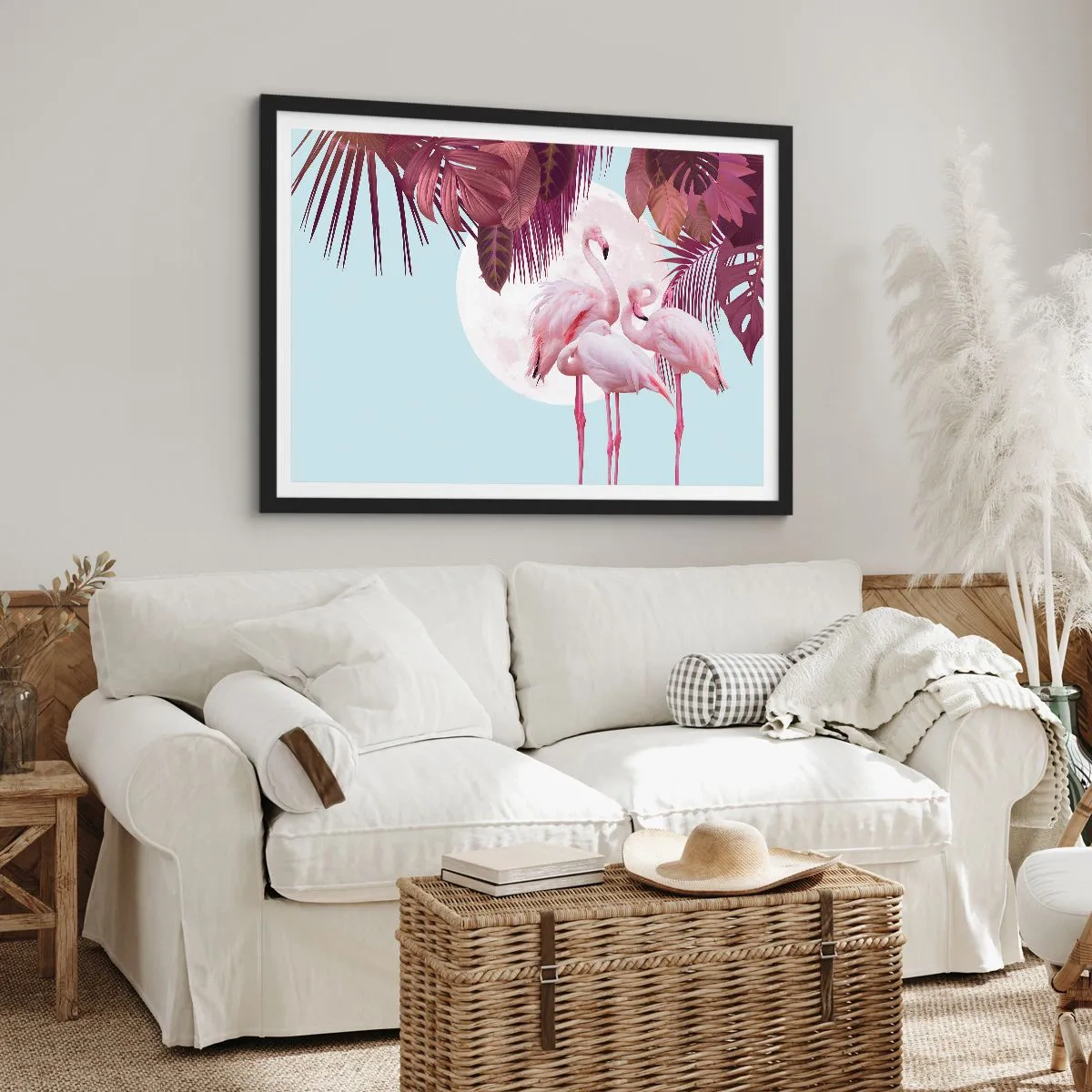 Poster in einem schwarzem Rahmen - Rosa Flamingos vor dem Hintergrund des Mondes und tropischer Blätter - 100x70cm - Drei Vogelgnaden - Moderne Wanddekoration für Wohnzimmer und Schlafzimmer ARTTOR