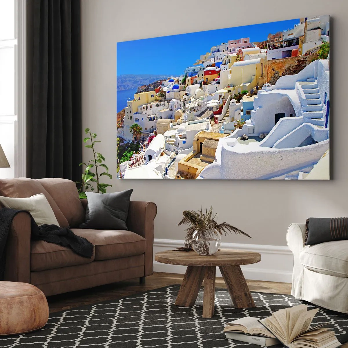Bild auf Leinwand - Leinwandbild - Panorama von Santorini mit weißen Häusern und blauem Himmel - 70x50cm - Der Traum vom griechischen Sommer - Moderne Wanddekoration für Wohnzimmer und Schlafzimmer ARTTOR