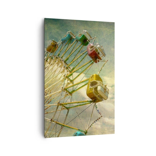 Bild auf Leinwand - Leinwandbild - Retro-Foto von einem Riesenrad mit Palmen gegen den Himmel - 80x120cm - Es wird Spaß geben ... - Moderne Wanddekoration für Wohnzimmer und Schlafzimmer ARTTOR