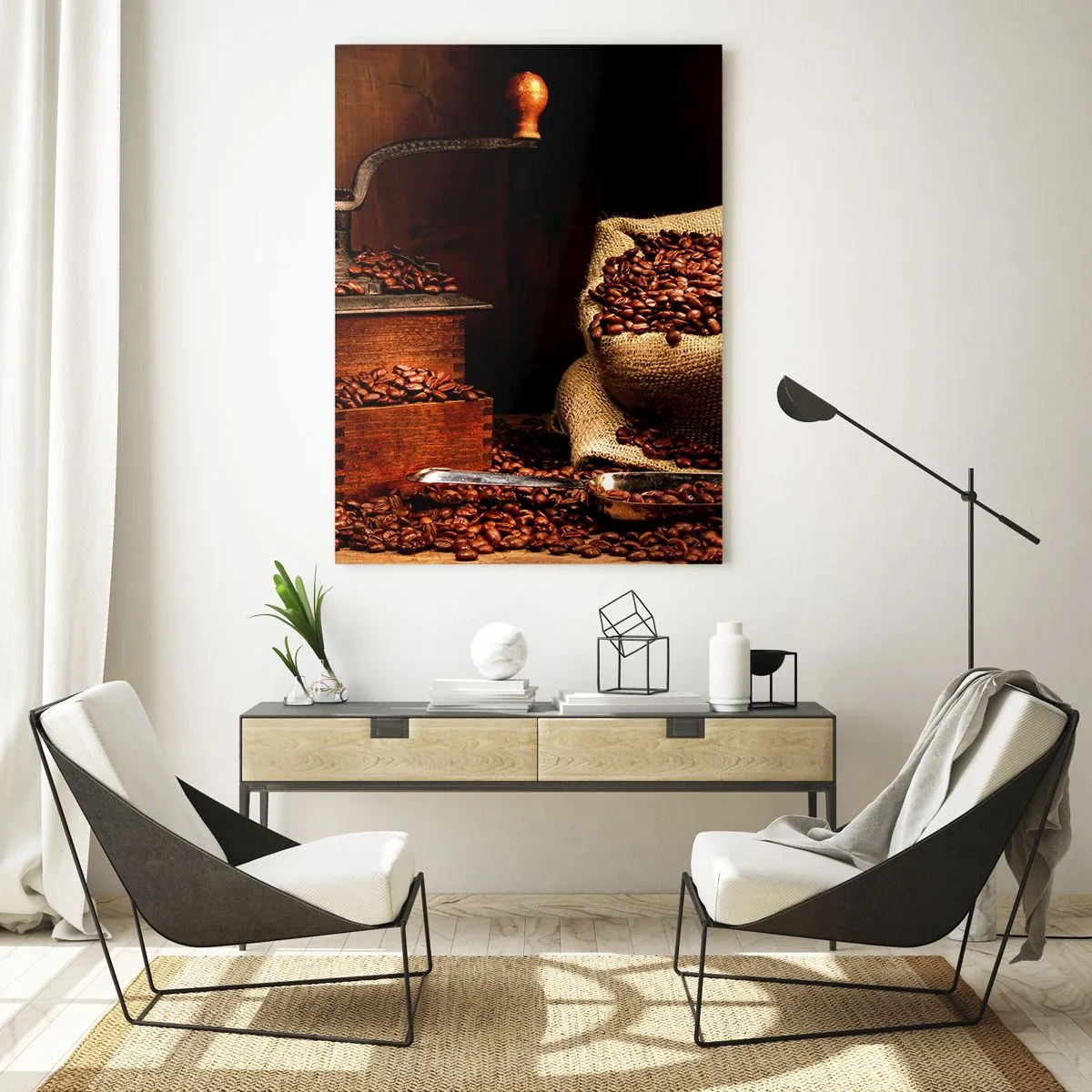 Glasbild - Bild auf glas - Eine alte Kaffeemühle mit Bohnen und einer Tüte Kaffee - 50x70cm - Stillleben mit Kaffeebohnen und einer Mühle - Moderne Wanddekoration für Wohnzimmer und Schlafzimmer ARTTOR