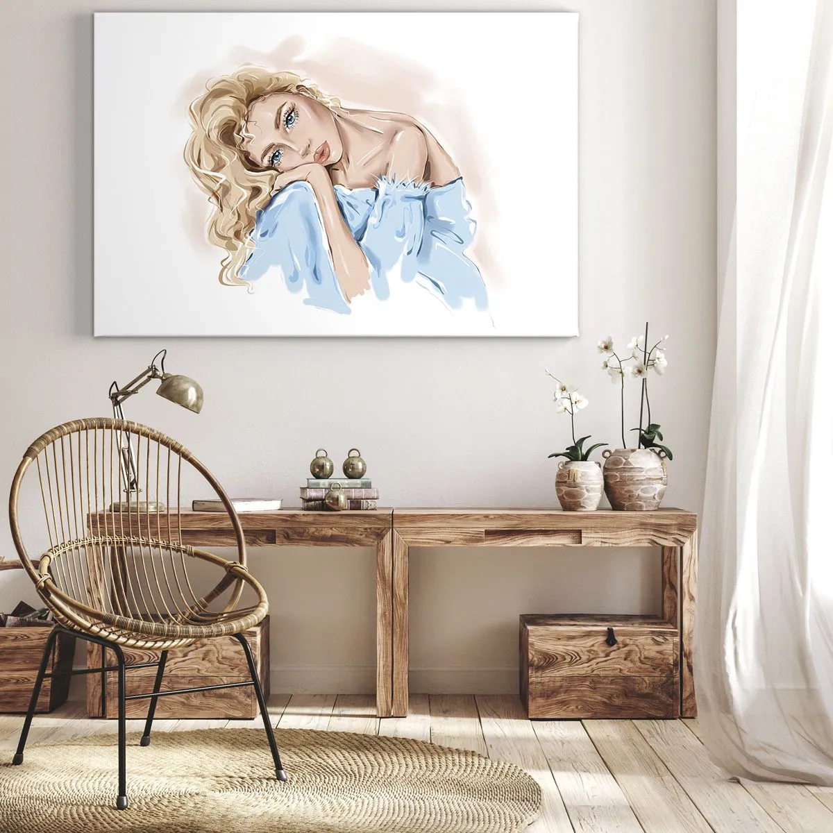 Bild auf Leinwand - Leinwandbild - Porträt einer Frau in einem blauen Kleid mit blonden Haaren - 120x80cm - Verträumt im Blau - Moderne Wanddekoration für Wohnzimmer und Schlafzimmer ARTTOR