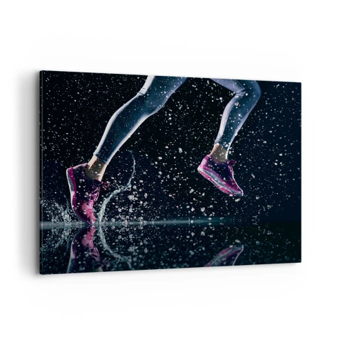 Bild auf Leinwand - Leinwandbild - Eine dynamische Aufnahme eines Laufs im Regen vor schwarzem Hintergrund - 100x70cm - Wie viel Kraft in den Beinen - Moderne Wanddekoration für Wohnzimmer und Schlafzimmer ARTTOR