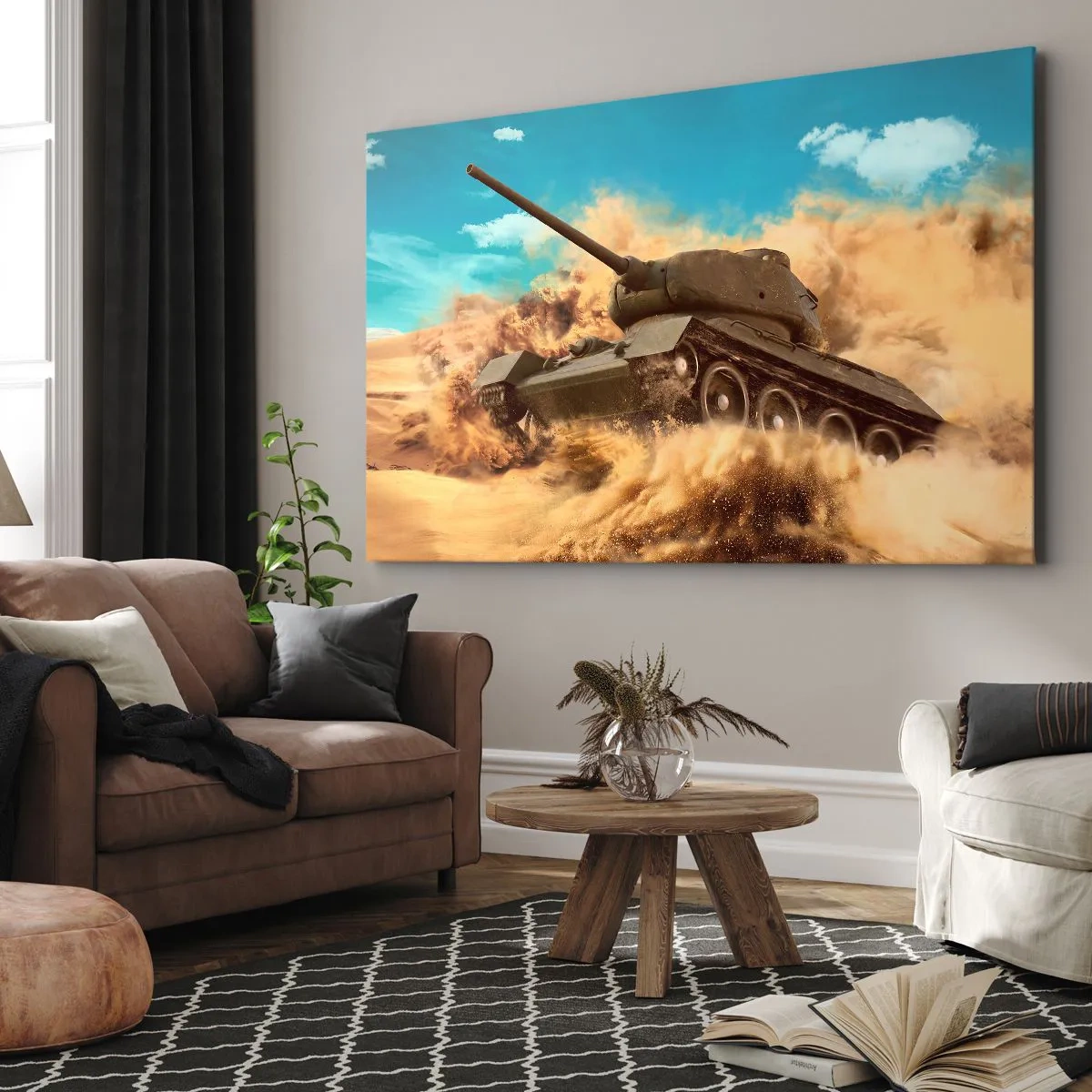 Bild auf Leinwand - Leinwandbild - Ein Panzer im Einsatz in der Wüste, umgeben von Sandstaub. - 120x80cm - Nicht zu besiegen - Moderne Wanddekoration für Wohnzimmer und Schlafzimmer ARTTOR