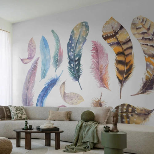 Fototapete Premium Sand - Hell, bunt und bunt - Vogelfedern, Vögel, Grafik - 400x280 cm