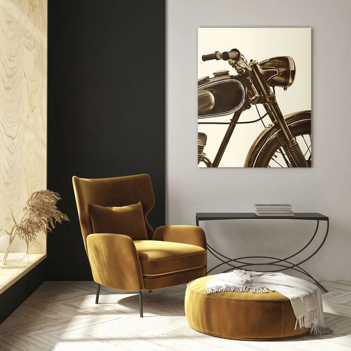 Glasbild - Bild auf glas - Stilvolles Retro-Motorrad in Sepia-Tönen auf hellem Hintergrund - 50x70cm - Sehnsucht nach den Klassikern - Moderne Wanddekoration für Wohnzimmer und Schlafzimmer ARTTOR